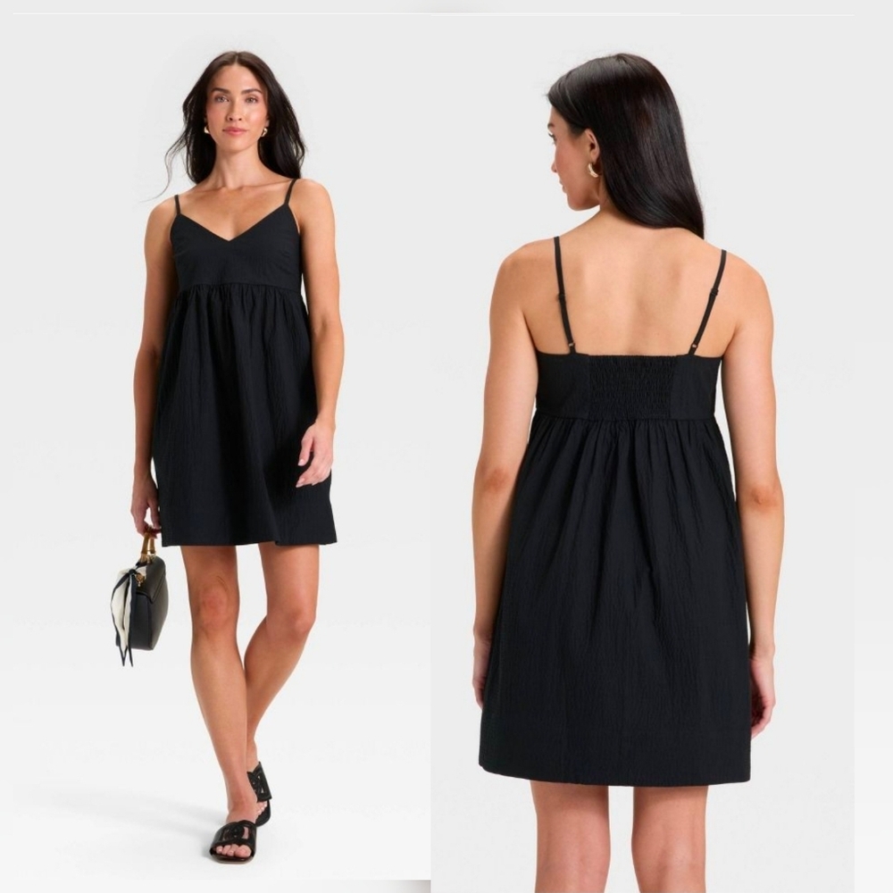 A New Day Women's Seersucker Mini Dress Black Size 3X NWT V-Neck Pockets